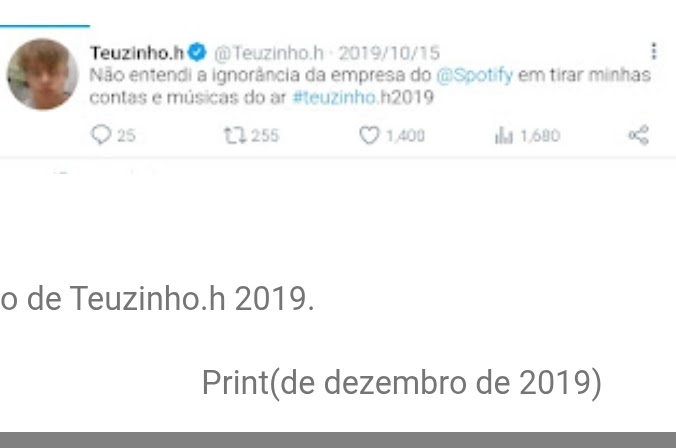 Print de publicação de Teuzinho.h no Twitter em 2019 sobre a retirada de suas músicas do Spotify